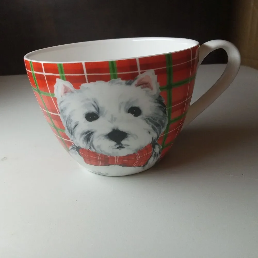 White Westie Dog in Plaid Mug Portobello by Design Coffee Cup Bone China - Picture 1 of 8